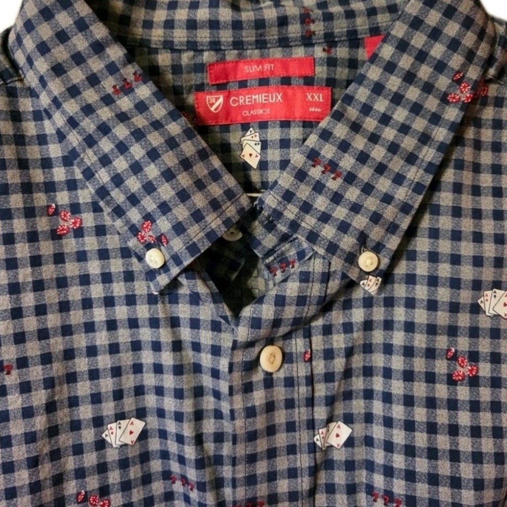 Cremieux Classics Mens XXL Slim Fit Gingham Casino Card Dice Shirt Navy Grey NEW